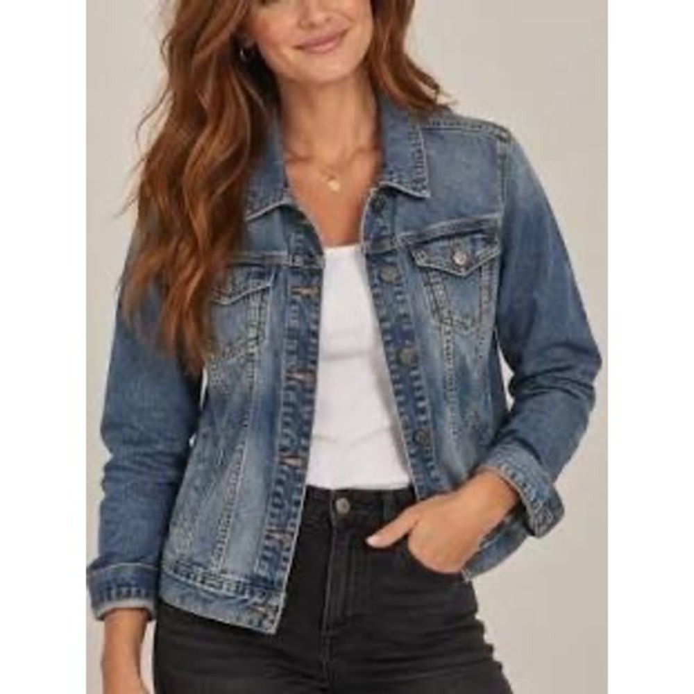 KUT from the Kloth Medium Wash Denim Trucker Jacket KJ618MD2 Stretch Cotton
